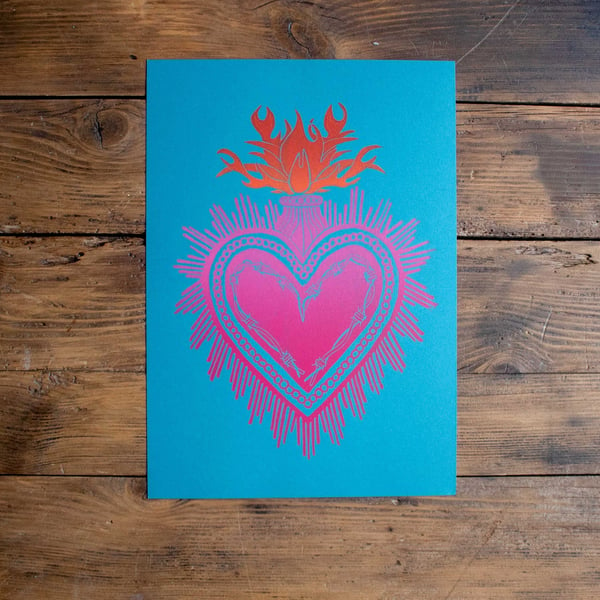 Sacred Heart Pink and Orange A4 Lino print