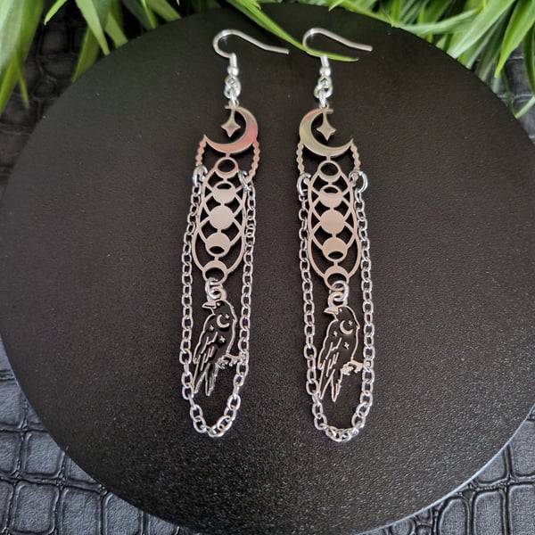 Gothic Crescent Moon Crow  Raven Dangle Earrings Witchy Dark Aesthetic Jewelry