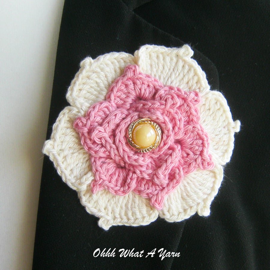 Crochet pink and cream flower brooch, flower pin