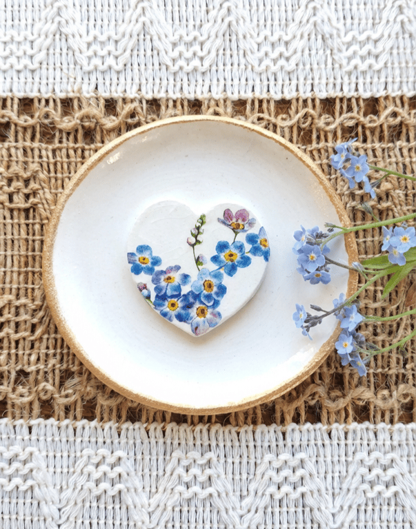 Round Clay Trinket Jewellery Dish Forget me Not 