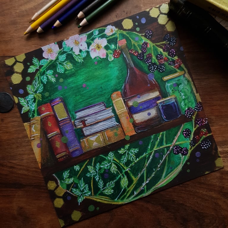 Blackberries and books - art print 