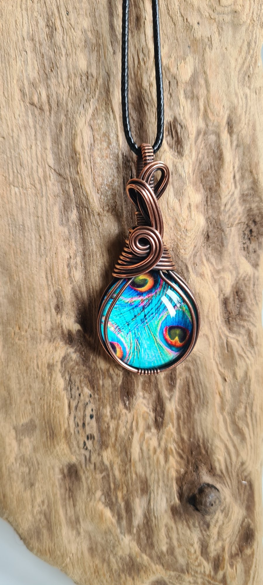 Blue Peacock Feather Glass & Copper Necklace Pendant Gift Jewellery Jewelry 