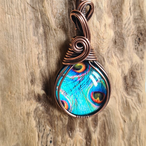 Blue Peacock Feather Glass & Copper Necklace Pendant Gift Jewellery Jewelry 