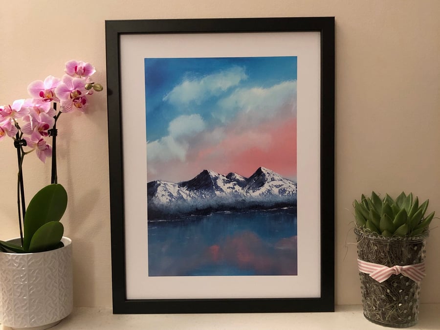 Pink Dawn Fine Art Print – Sunrise Landscape Giclée in Bob Ross Style