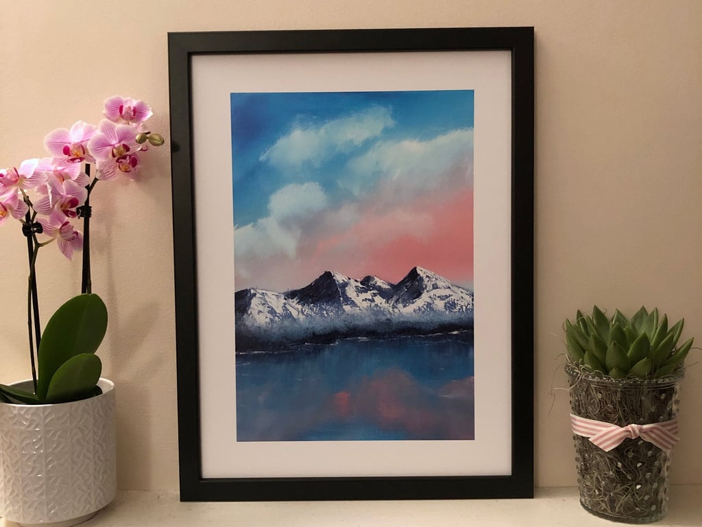 Pink Dawn Fine Art Print – Sunrise Landscape Giclée in Bob Ross Style