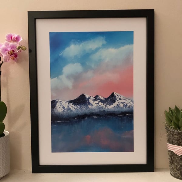 Pink Dawn Fine Art Print – Sunrise Landscape Giclée in Bob Ross Style