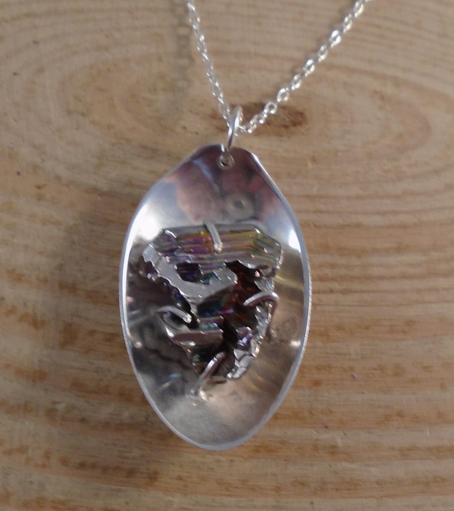 Upcycled Sterling Silver Spoon Necklace with Bismuth 