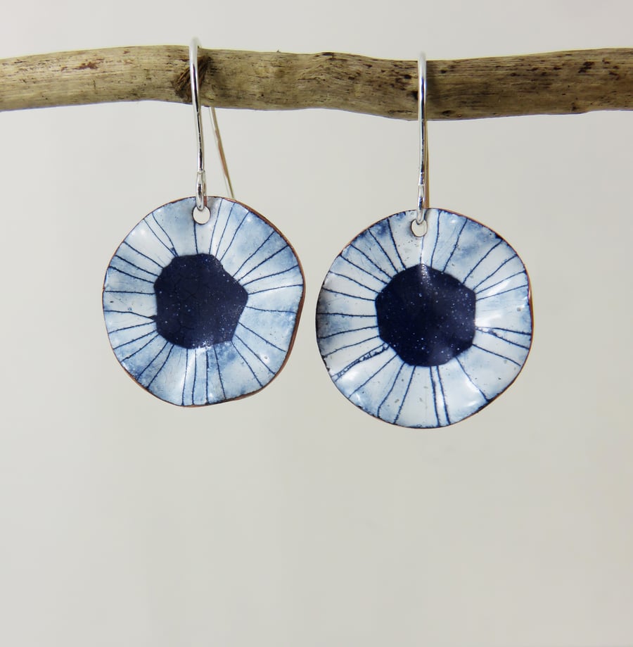 Dangle Earrings with Blue and White Enamel and Hand Drawn Detail