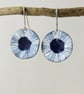 Dangle Earrings with Blue and White Enamel and Hand Drawn Detail