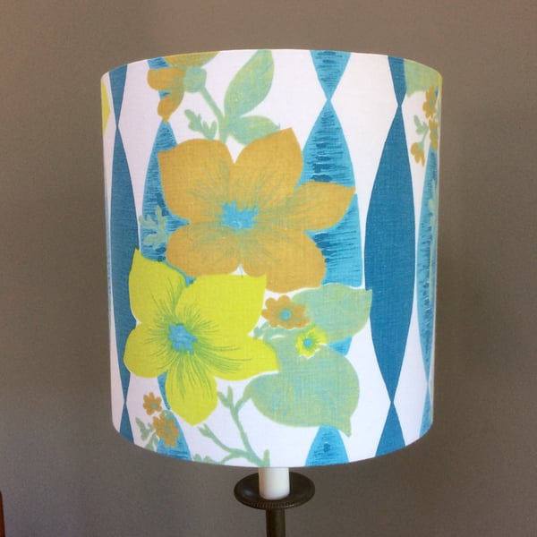 Swinging 60s Zesty Flowers Blue Yellow Lime  vintage fabric Lampshade option 