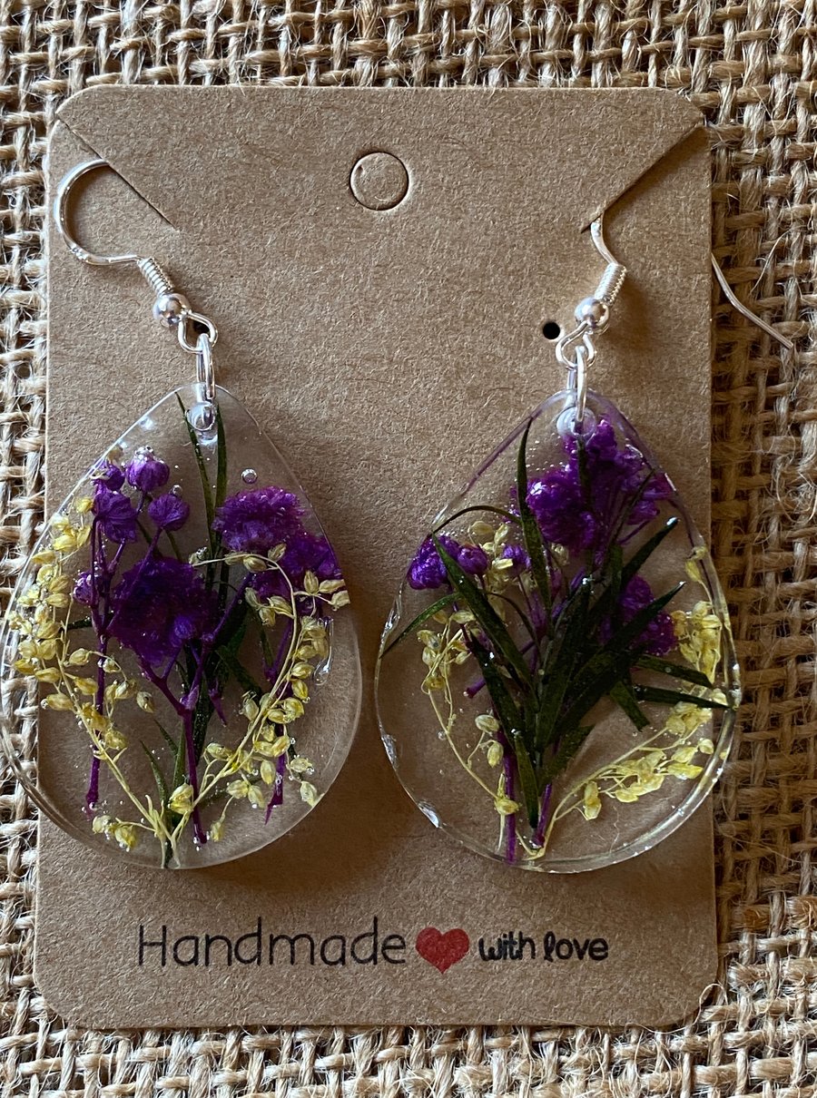Handmade Teardrop Resin Earrings With Real Purple and Yellow Pressed Flowers