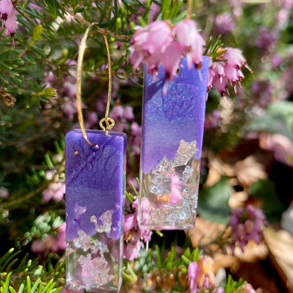 Handmade purple with lilac resin and silver foil rectangle hoop earrings