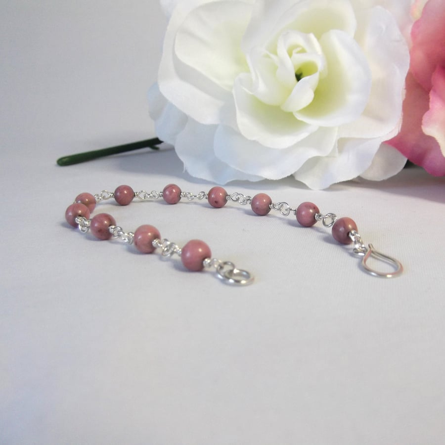 Rhodonite gemstone bead bracelet with recycled silver wire wrapped links
