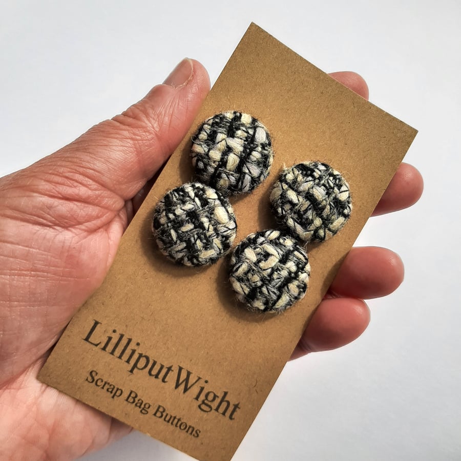Set of four scrap bag buttons - Chunky woven fabric in black, grey and cream