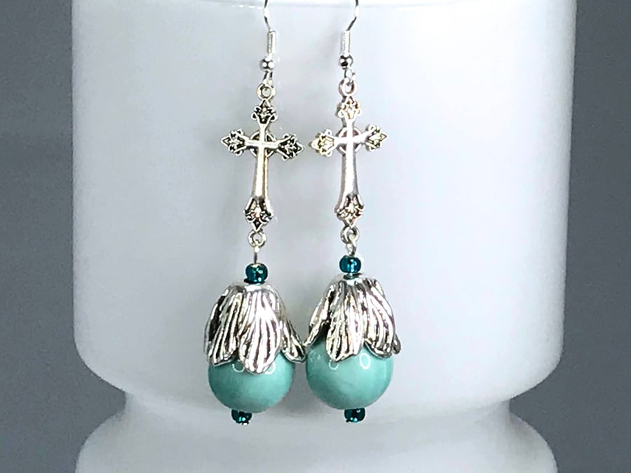 BLUE CERAMIC EARRINGS cross art nouveau duck egg blue silver Japanese beads