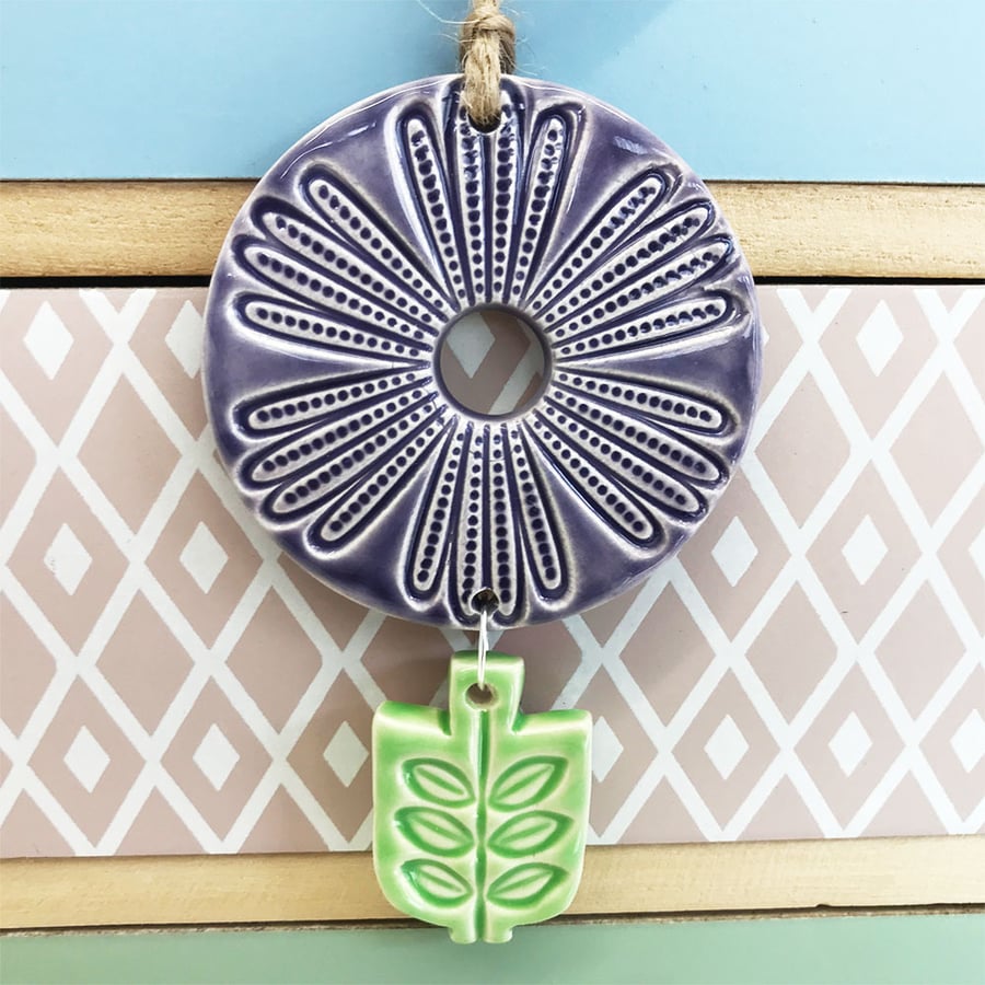 Retro style pottery hanging flower decoration purple