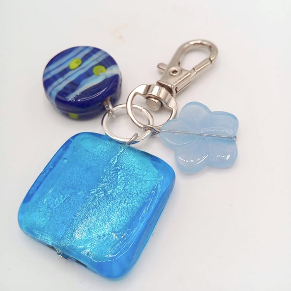 Blue Square Flower and Blue Lampwork Bead Bag Charm, Gift for Her, Teachers Gift