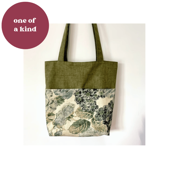 Olive linen look Tote Bag with floral panel & 2 pockets, craftmas