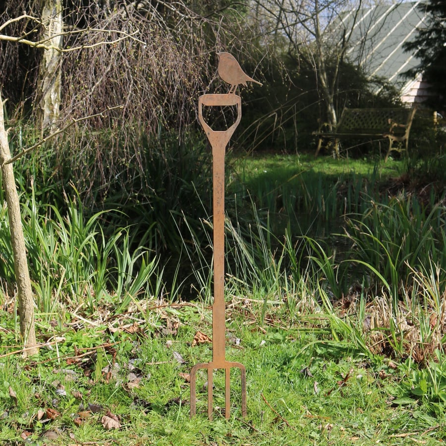 Rusty metal robin on fork outdoor and garden gift, retirement gift, 