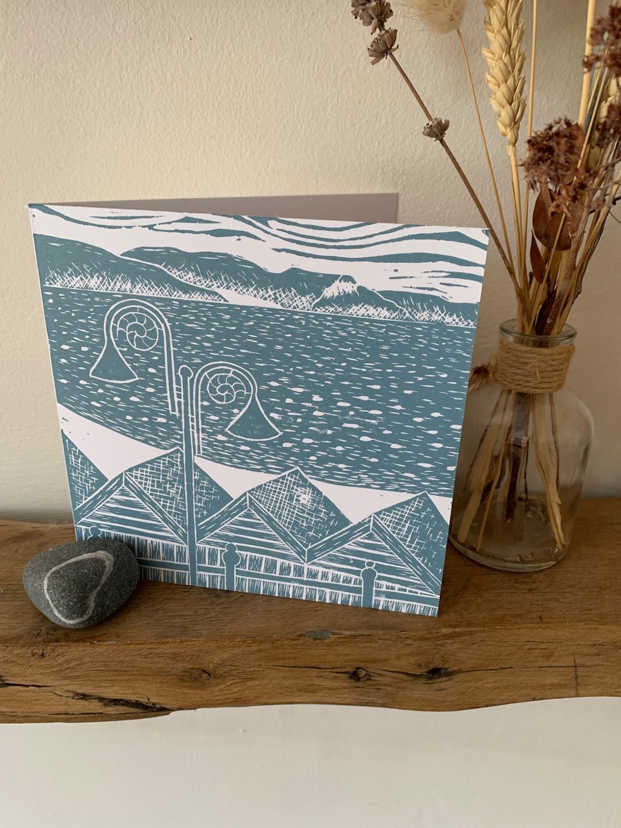 Original lino print card of Lyme Bay