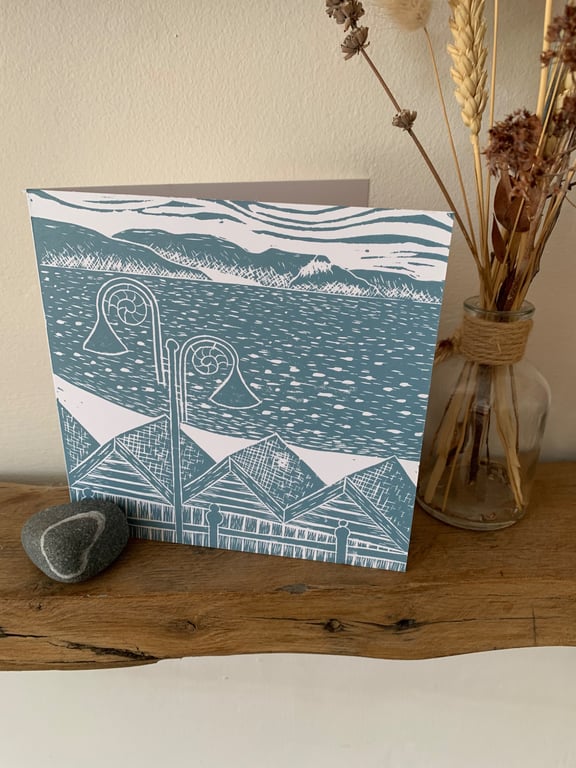 Original lino print card of Lyme Bay