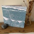 Original lino print card of Lyme Bay