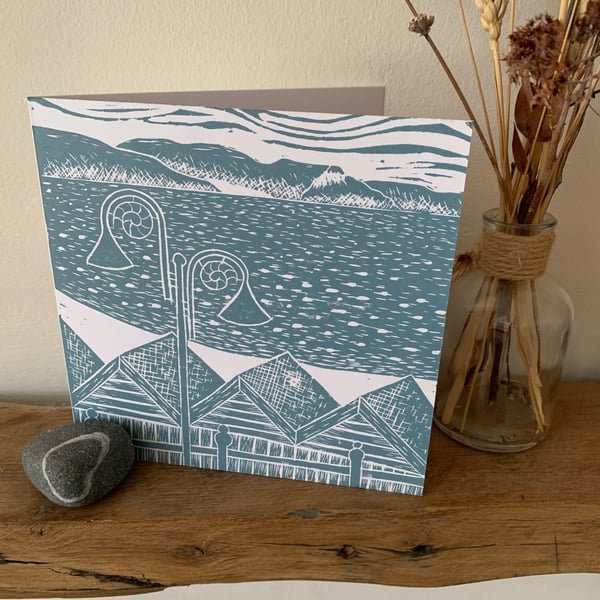Original lino print card of Lyme Bay