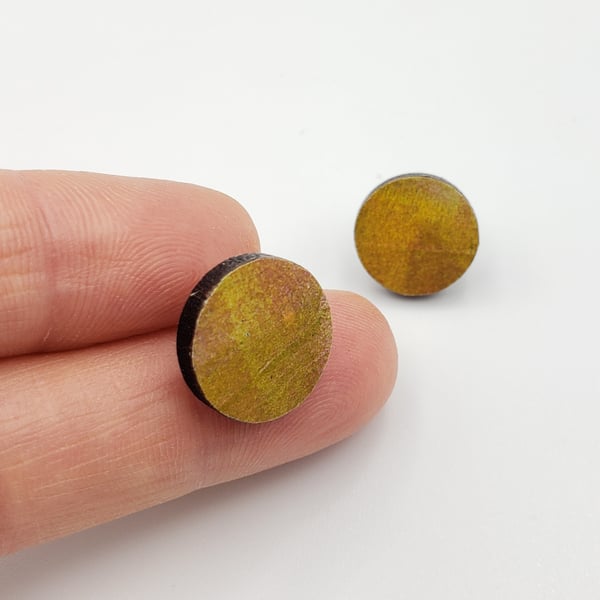 Mustard and pink small printed wooden stud earrings