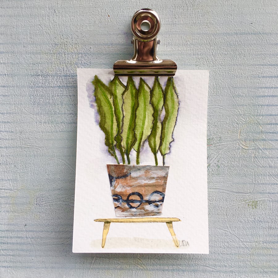 Original art miniature painting watercolour and collage ACEO house plant 