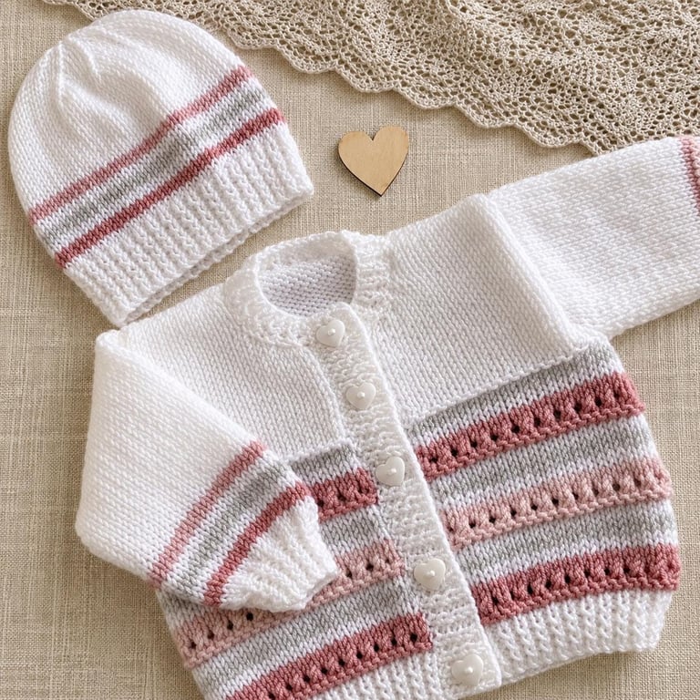 Hand Knitted Baby Girl Cardigan & Hat Set – White Pink Grey 3–6 Months