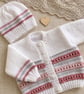 Hand Knitted Baby Girl Cardigan & Hat Set – White Pink Grey 3–6 Months