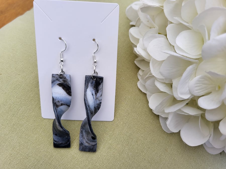 Black and grey metallic polymer clay twist earrings
