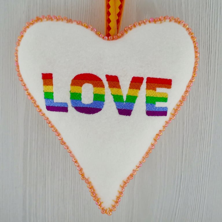 Beaded Felt Heart Decoration: Embroidered Love design 6.25” (16cm)