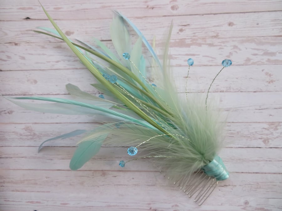 Aqua Blue & Green Vintage Regency Bridgerton Style Feather Plume Hair Comb