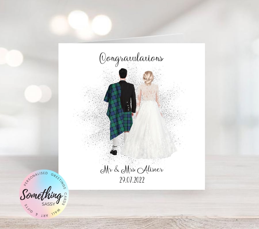 Scottish Outfits Wedding Day Card personalised for the happy couple with Kilts