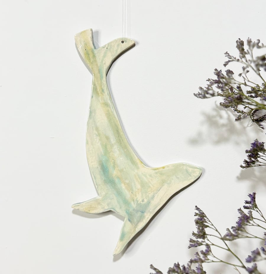 Handmade ceramic seal hanging decoration glazed by hand and made in Norfolk