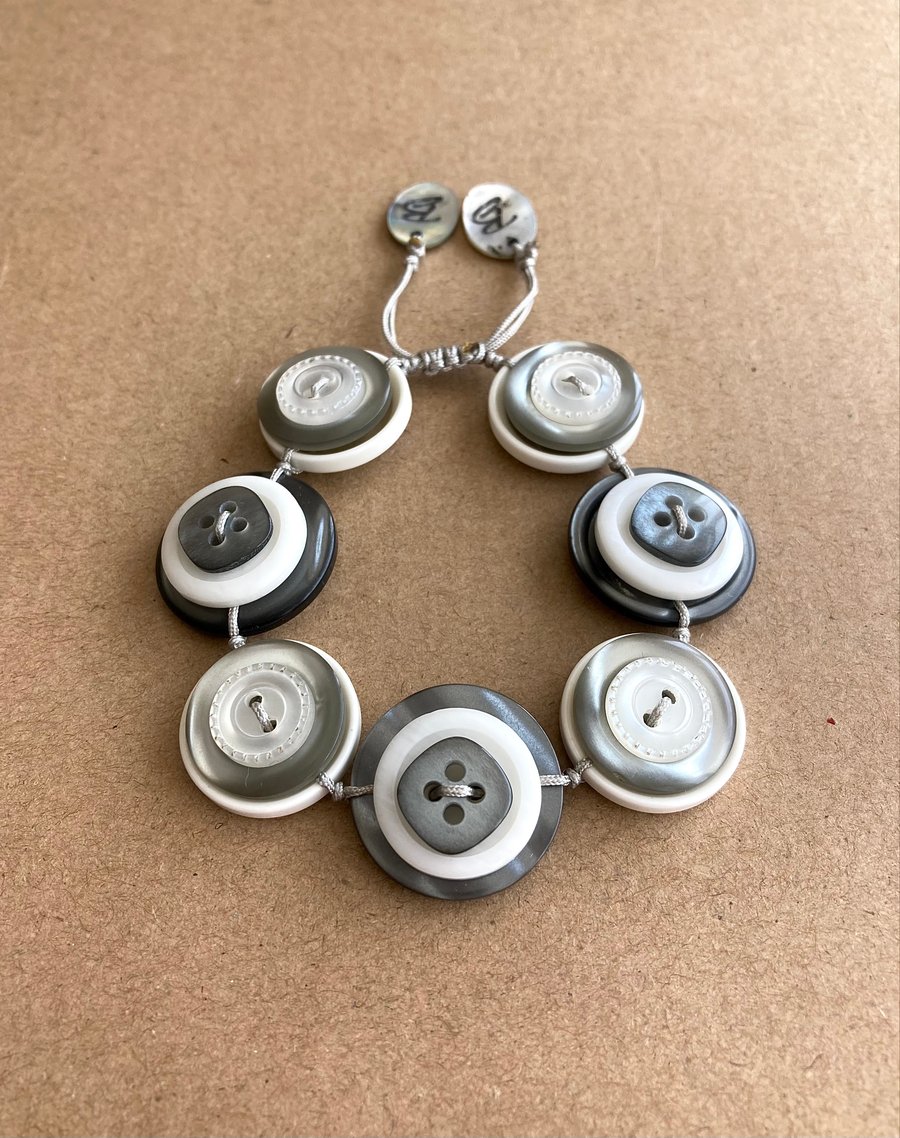 Silver Grey Shades And White Colour Theme - Vintage Button Adjustable Bracelet 