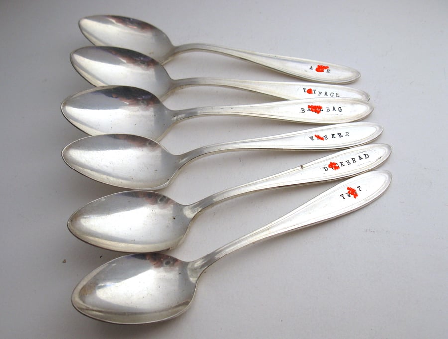 Set of six rude sweary insulting coffeespoons