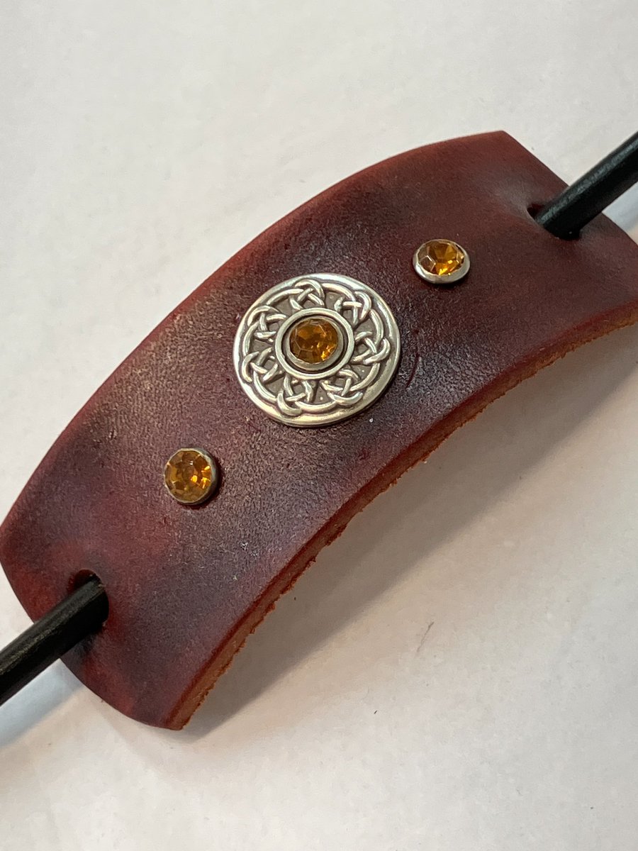 Dyed Brown Leather Hair Stick Barrette - Celtic Knot centre with 3 Orange Gems