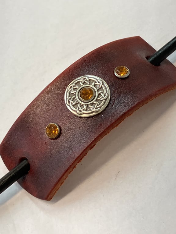 Dyed Brown Leather Hair Stick Barrette - Celtic Knot centre with 3 Orange Gems