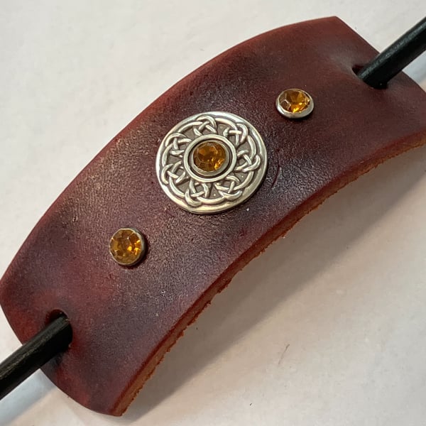Dyed Brown Leather Hair Stick Barrette - Celtic Knot centre with 3 Orange Gems