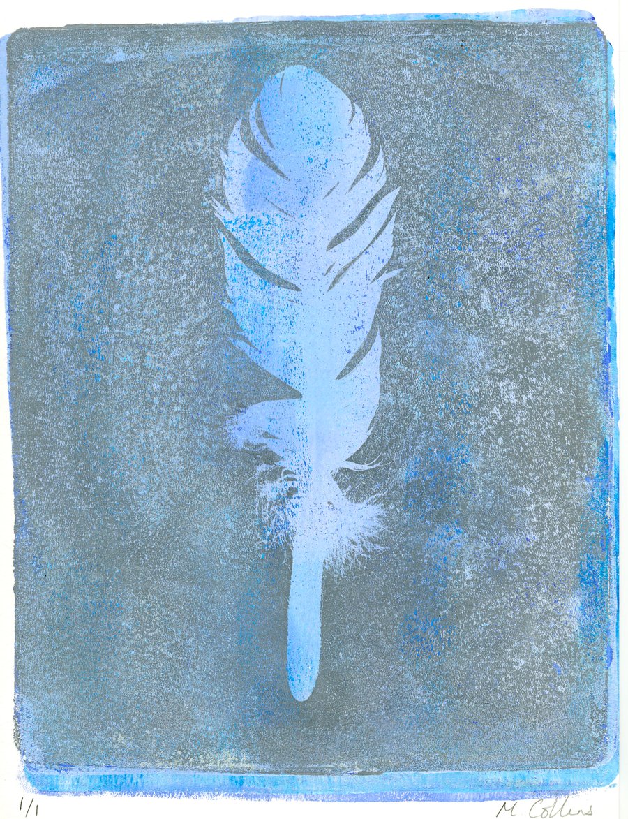 'Blue Feather' - Original one-off monoprint in acrylic unmounted