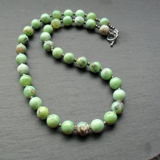 Green Marble Agate With Oxidised Sterling Silver Necklace