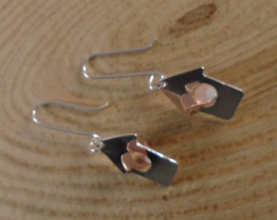 Sterling Silver and Copper Bird House Earrings