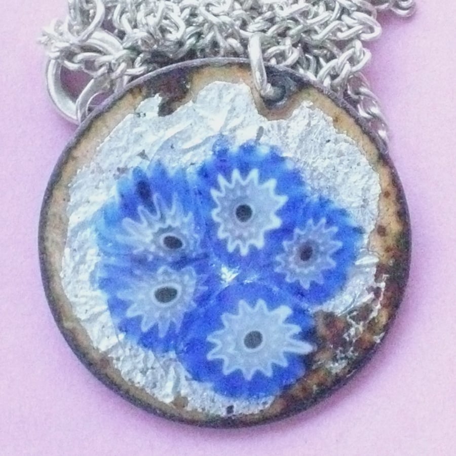 blue millefiore beads over silver - pendant