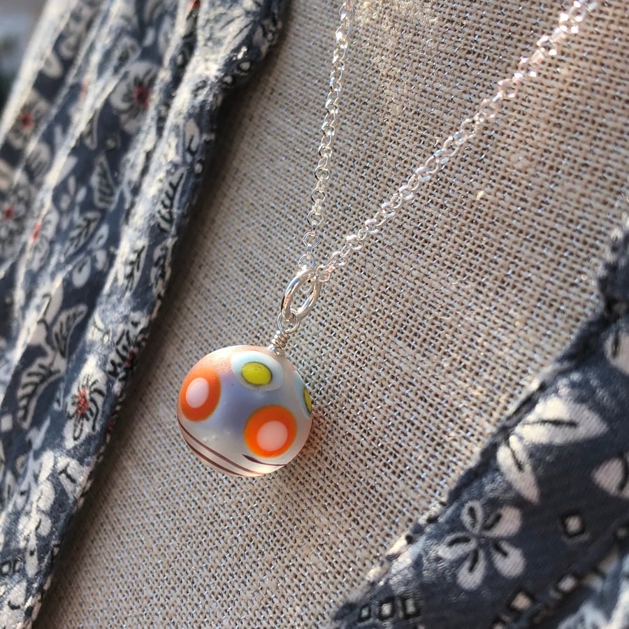 Unique spotted lampwork glass pendant with sterling silver necklace 