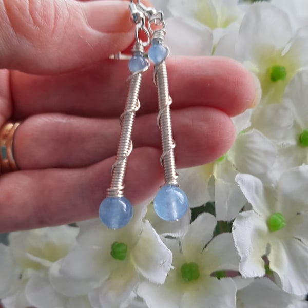 Silver Plated Wire Wrapped Drop Earrings With Blue Quartz