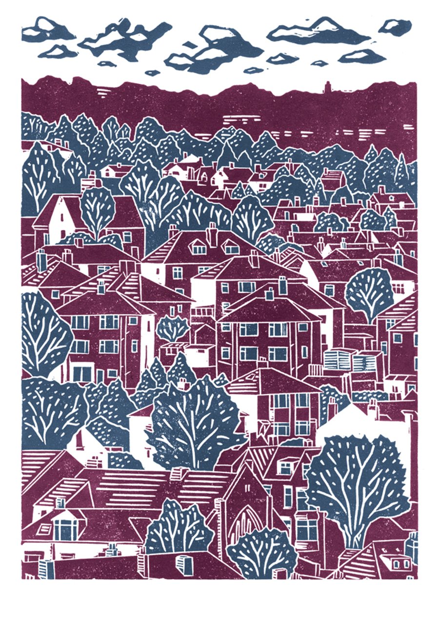 Sheffield City View No.5 A3 poster print (blackcurrant & blue)