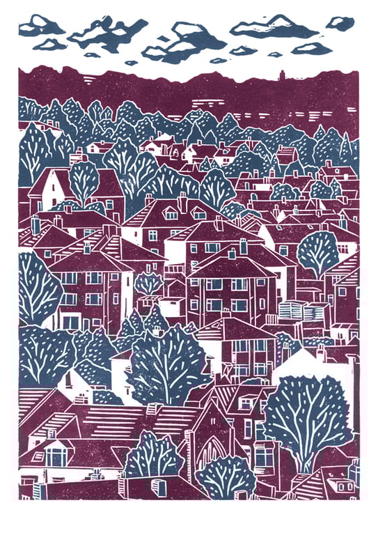 Sheffield City View No.5 A3 poster print (blackcurrant & blue)