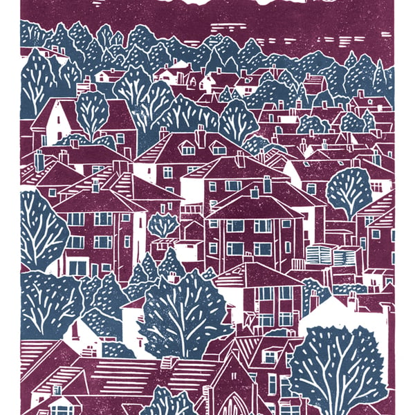 Sheffield City View No.5 A3 poster print (blackcurrant & blue)